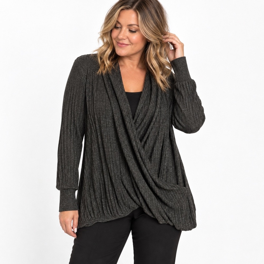 Maeve Anthropologie Rafaela Ribbed Faux-Wrap Hacci Sweater Charcoal Gray Large